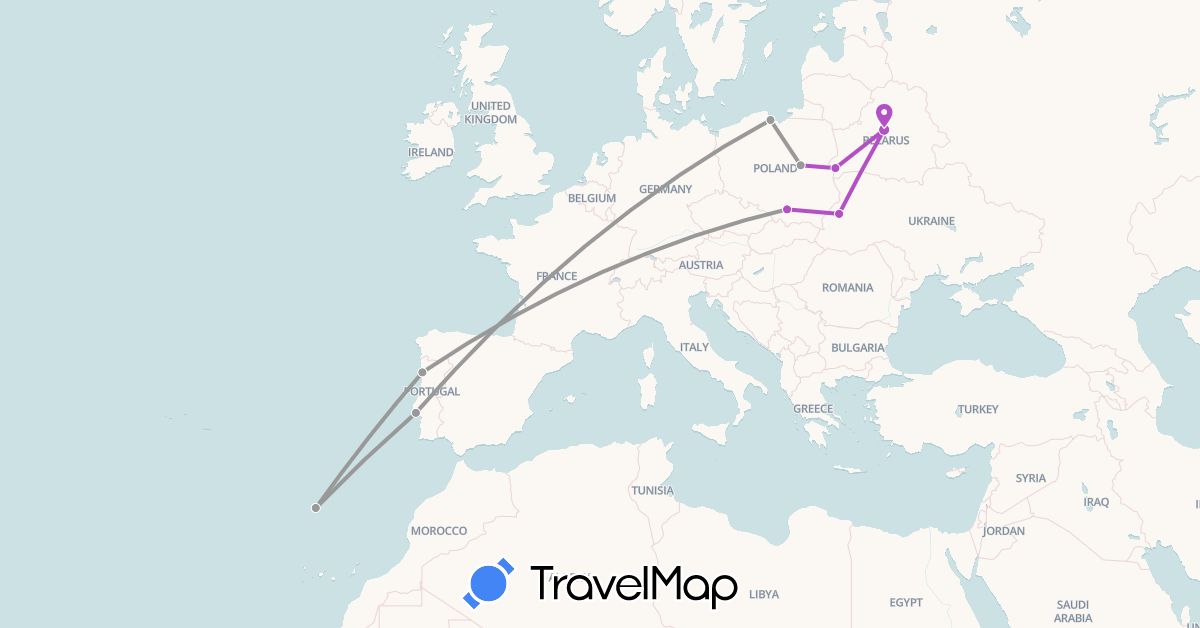 TravelMap itinerary: driving, plane, train in Belarus, Poland, Portugal, Ukraine (Europe)